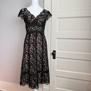 LOFT Black and Tan Lace A-line Midi Dress with Cap Sleeves